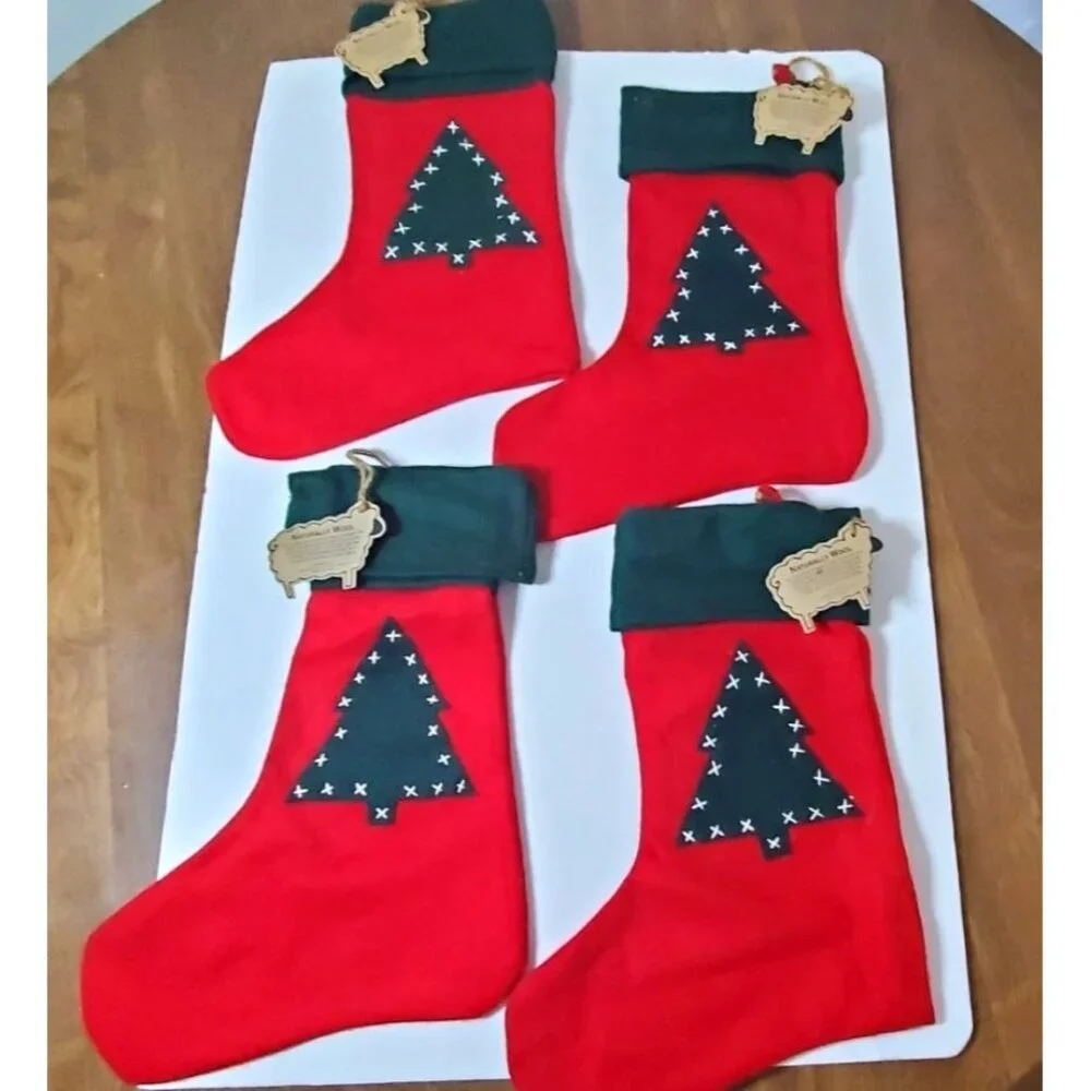 Set Of 4 Naturally‎ Wool Christmas Stockings With Green Cuffs & Tree Design